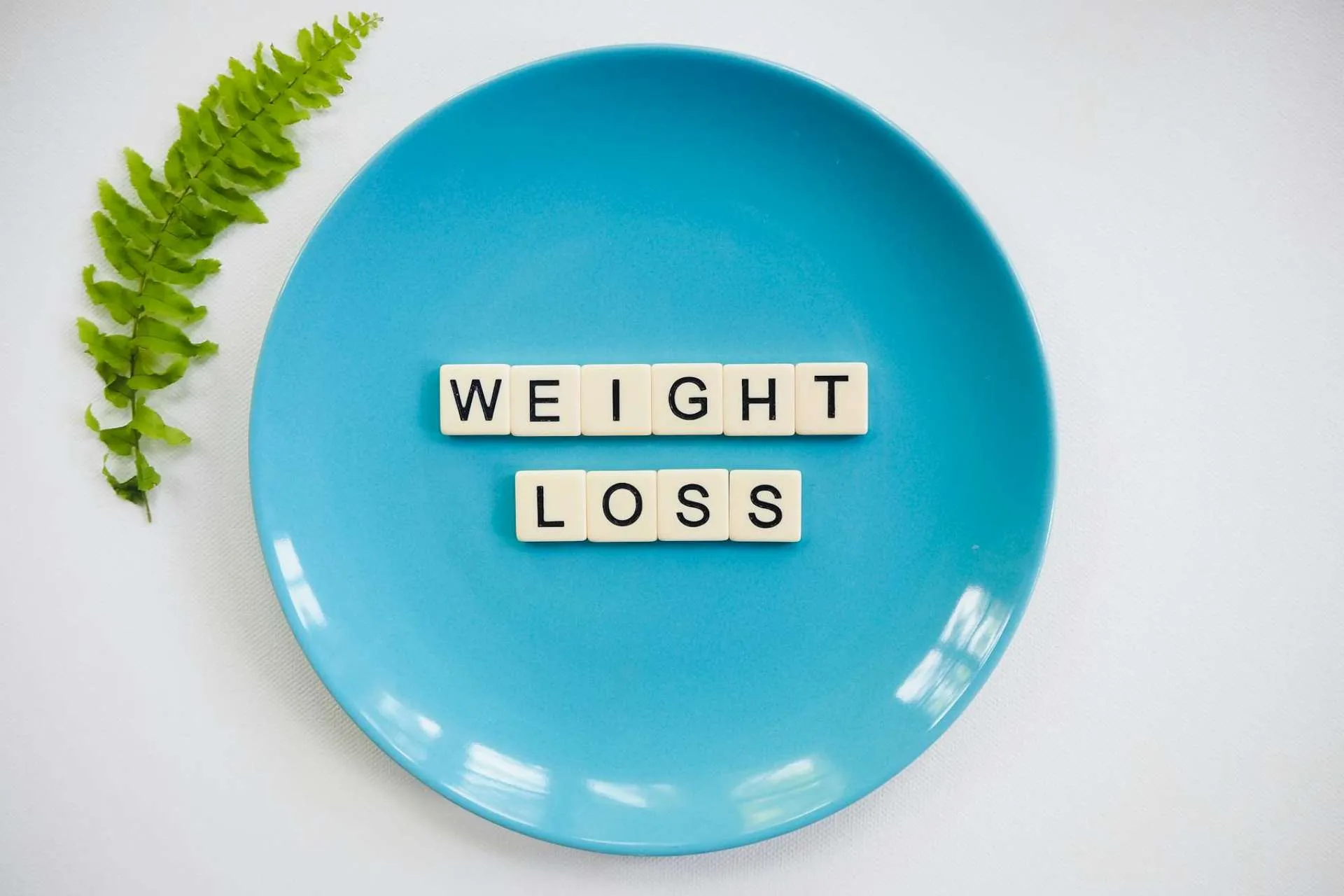 weight loss text in plate with green leaf