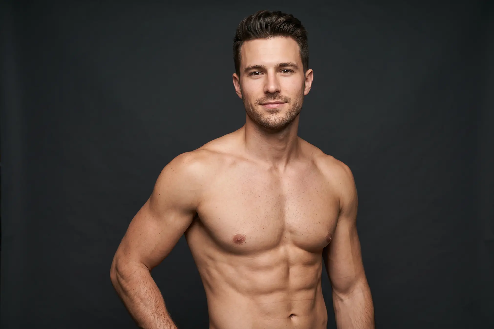 A shirtless, muscular young man posing after lipo procedure