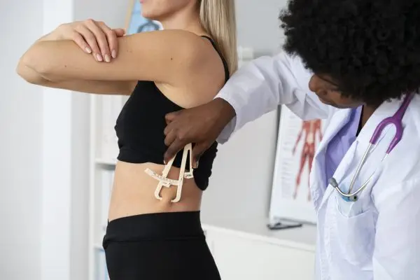 A plastic surgeon using an adipometer to perform liposuction surgery.