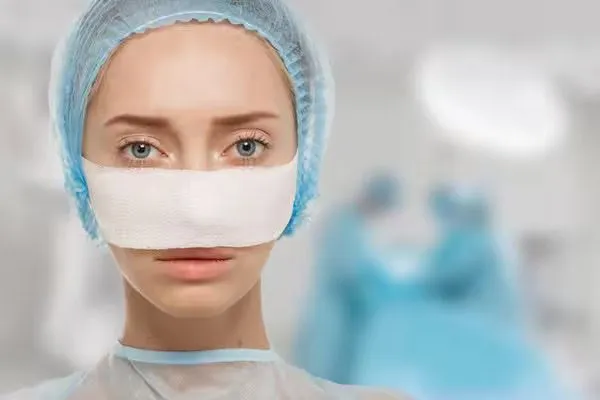 A woman undergoing rhinoplasty plastic surgery