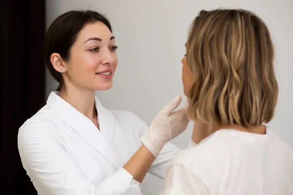 Plastic surgeon assessing a patient during plastic surgery consultation