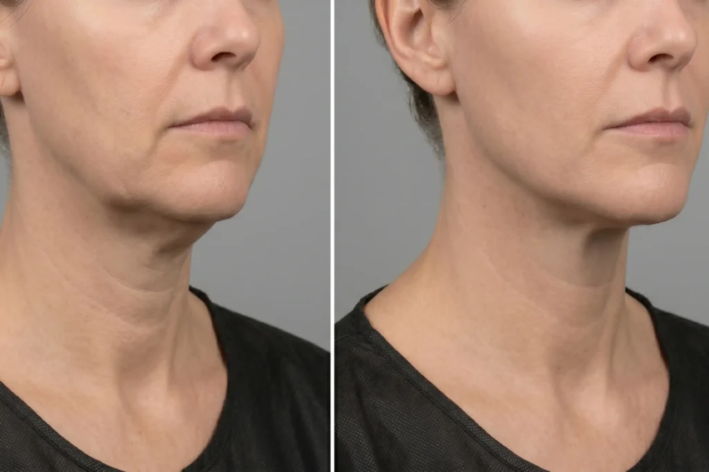 Before and after FaceTite skin tightening results on jawline