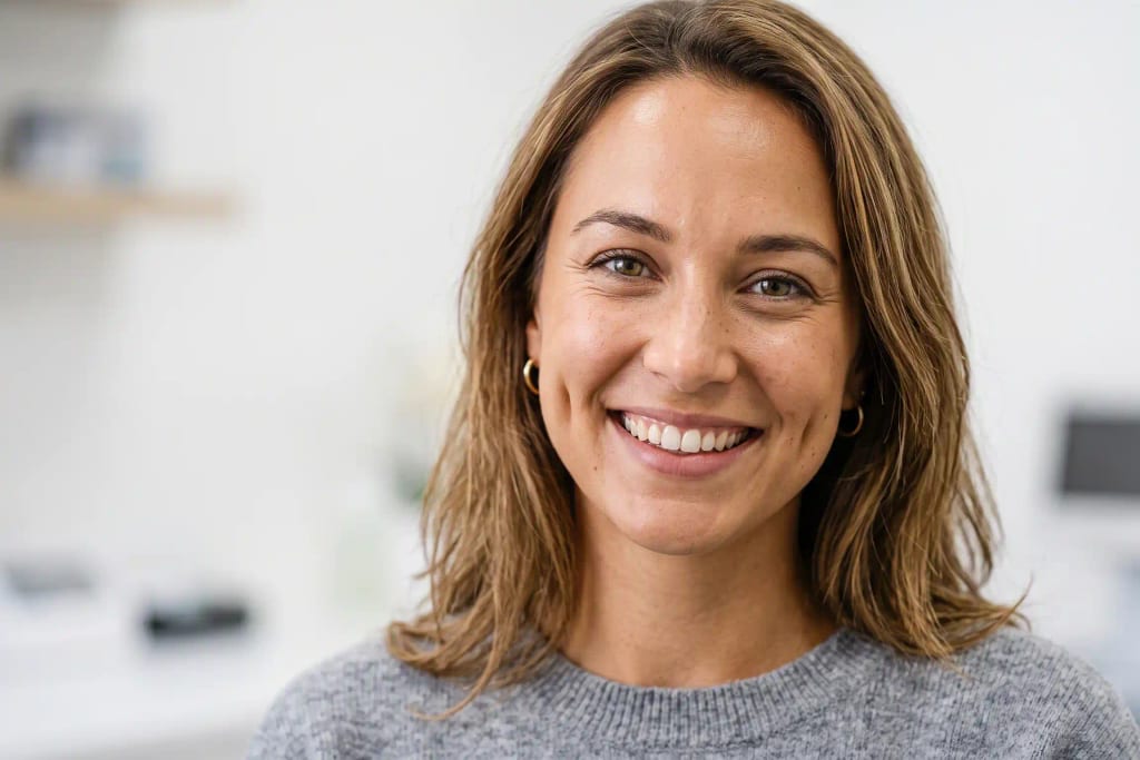 Person smiling with cheek dimples after dimples plastic surgery