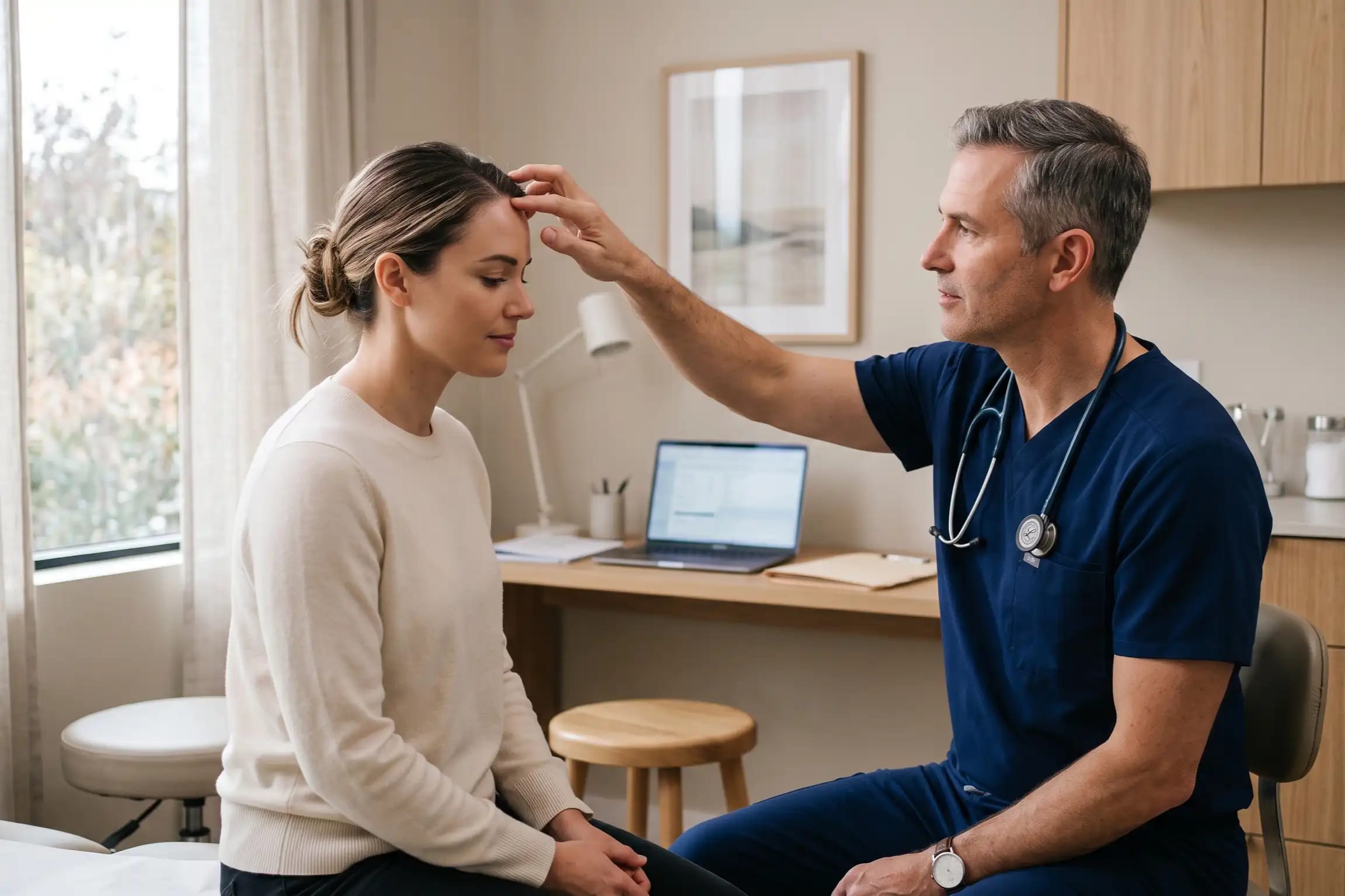 Provider assessing a patient's forehead before Botox for head sweating