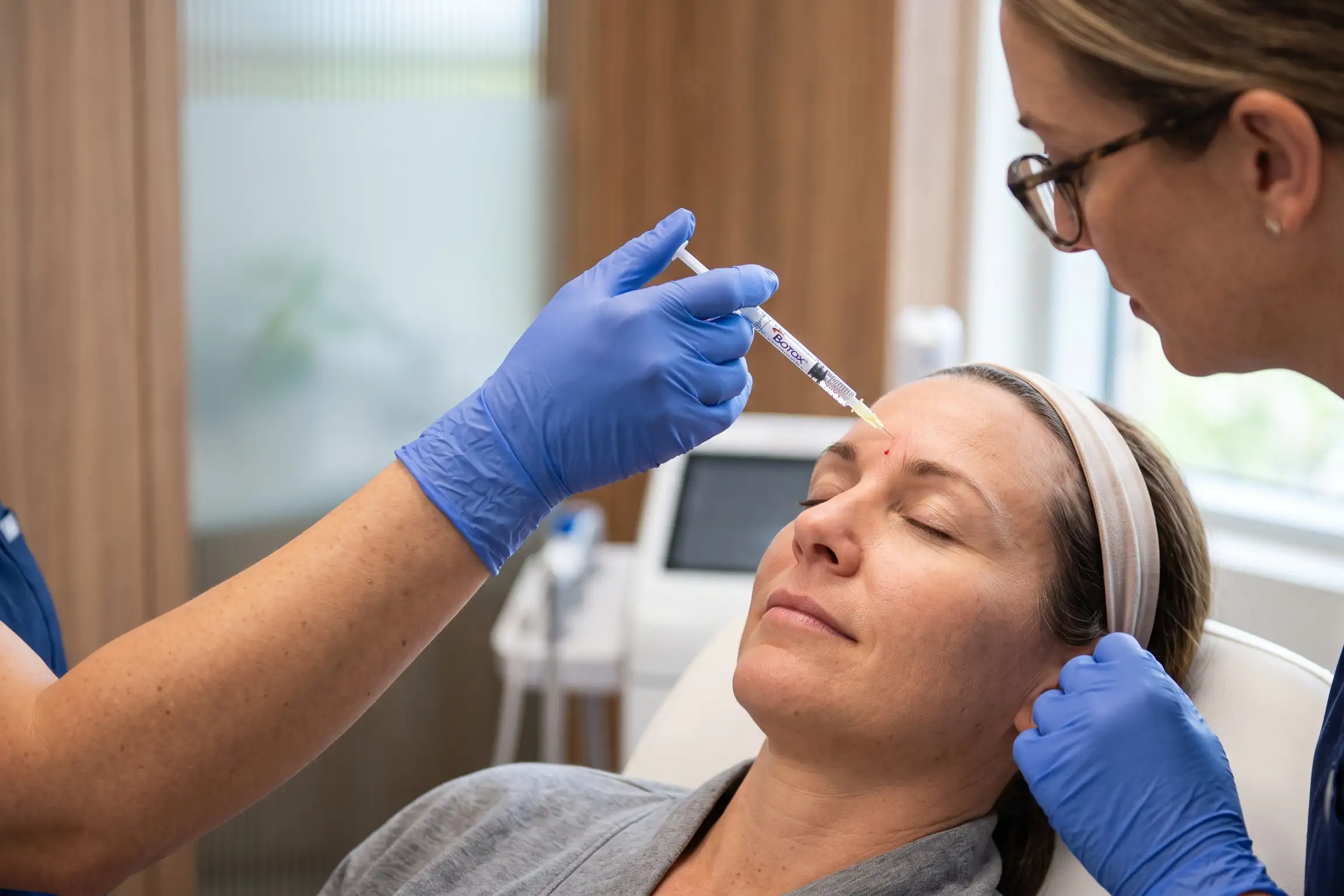 Provider giving a careful Botox injection before sun and tanning aftercare