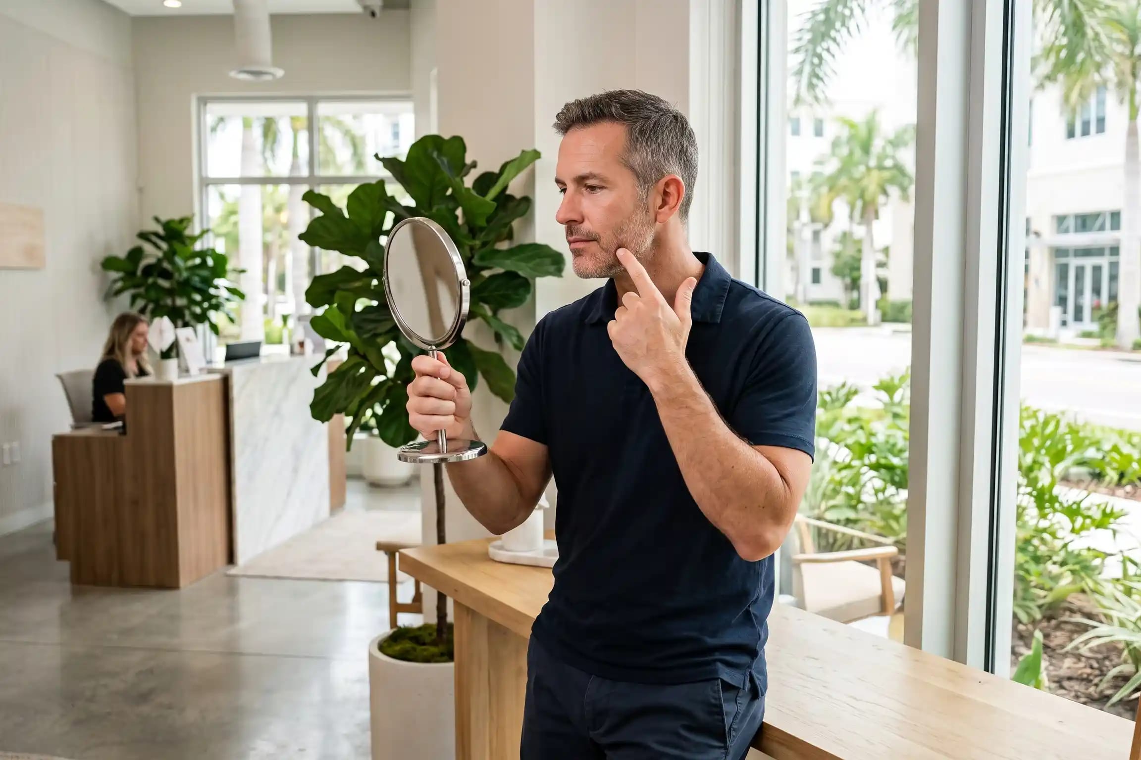 Man checking his jawline in a mirror wondering if PDO thread bumps go away