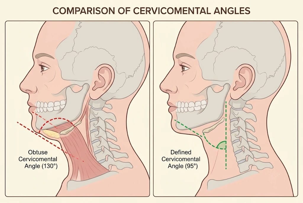 Diagram comparing an obtuse and a defined cervicomental angle for neck contouring