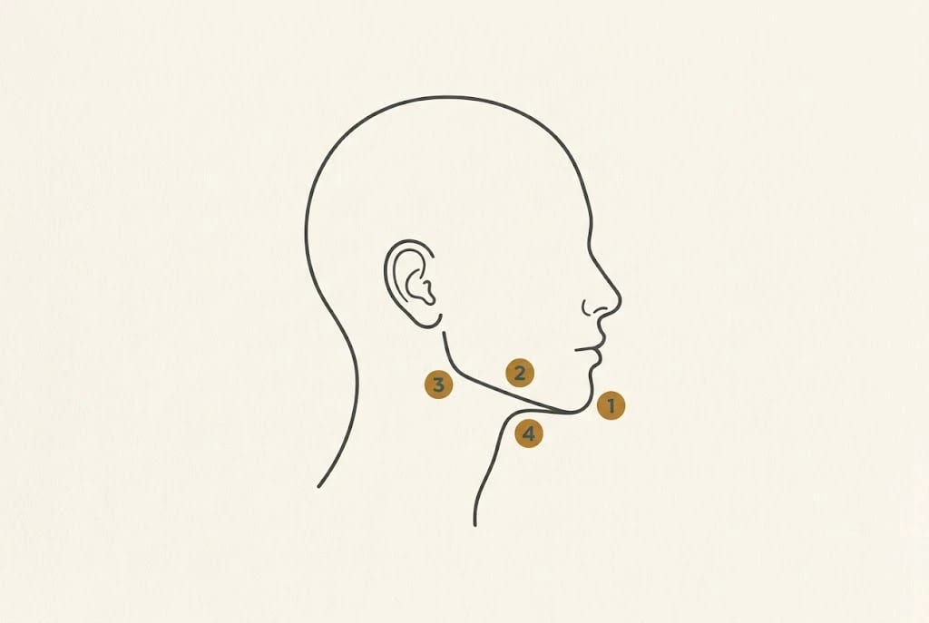Four-Corner Jawline Read showing chin, border, gonial angle and submental assessment points