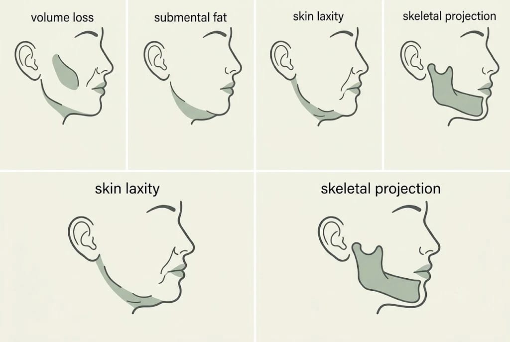 Four-Source Jawline Check comparing volume loss, fat, laxity and bone structure