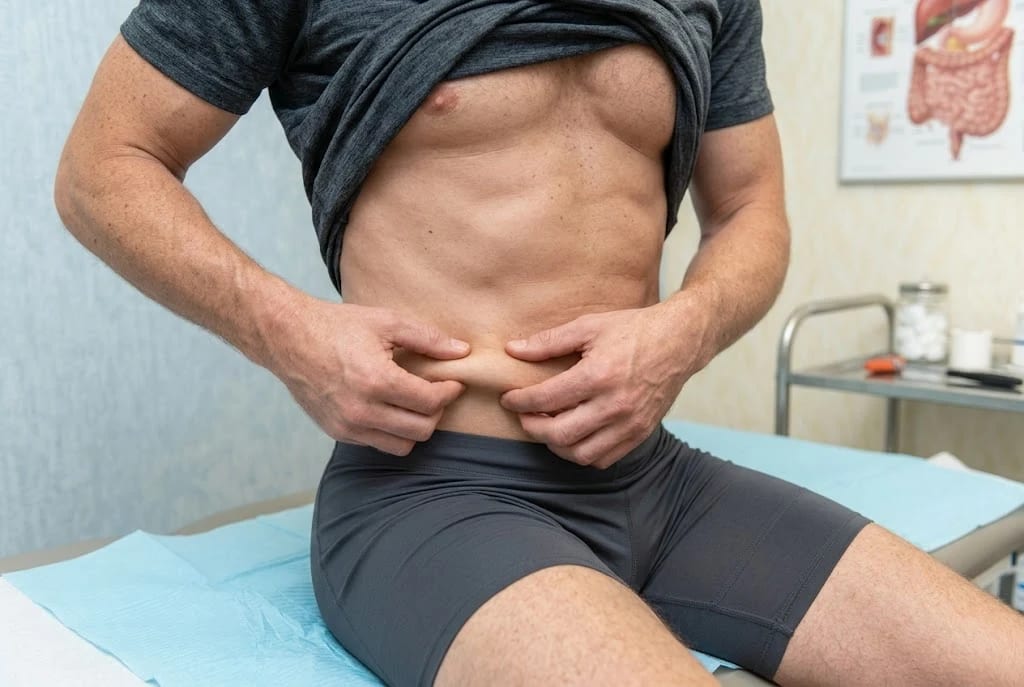 Pinch test showing stubborn flank fat that resists diet and exercise